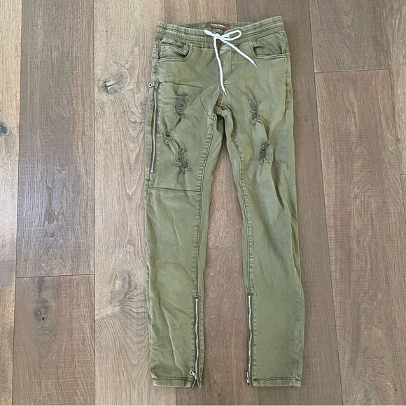Crysp Denim Cargo Pants Distressed Rips Skinny fit Men's Jean Olive (Waist 31) - Picture 2 of 11